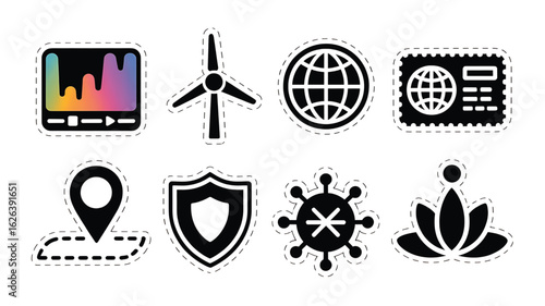 Collection of Diverse Icon Stickers Representing Technology Renewable Energy Global Communication Security and Well being on a White Background