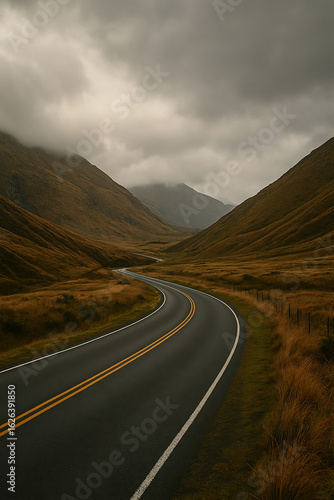 Scenic Winding Road Through a Misty Forest at Golden Hour