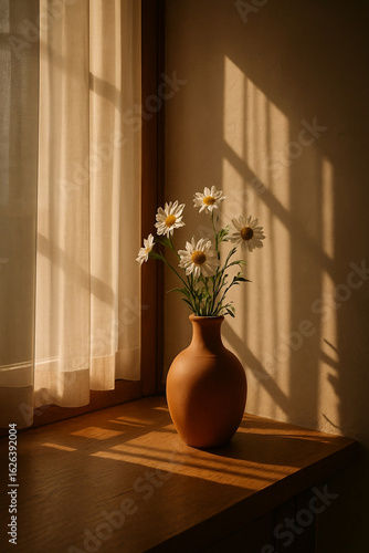 Terracotta Vase with Dried Flowers on Rustic Wooden Table – Earthy Tones