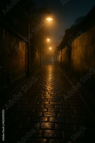 Narrow Urban Alleyway at Night with Reflections on Wet Pavement