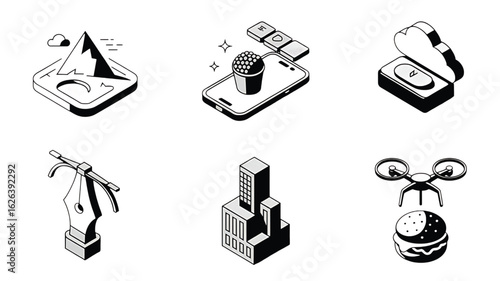 Isometric Black and White Icons representing diverse themes from Nature to Technology and Urban life depicting various objects and concepts