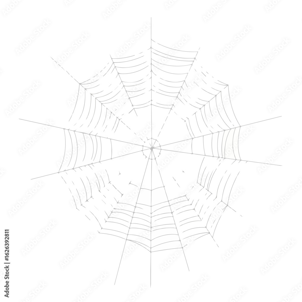 Obraz premium Spiderweb against white background is intricately woven, its delicate threads creating unique pattern. Spiderweb design showcases radial symmetry and connecting lines.
