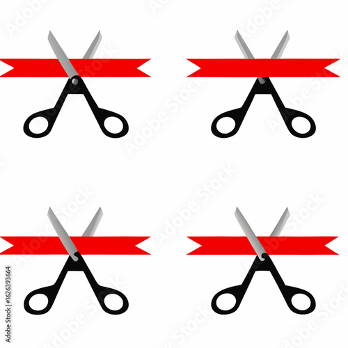 Four instances of scissors cutting a red ribbon symbolizing a grand opening event celebration