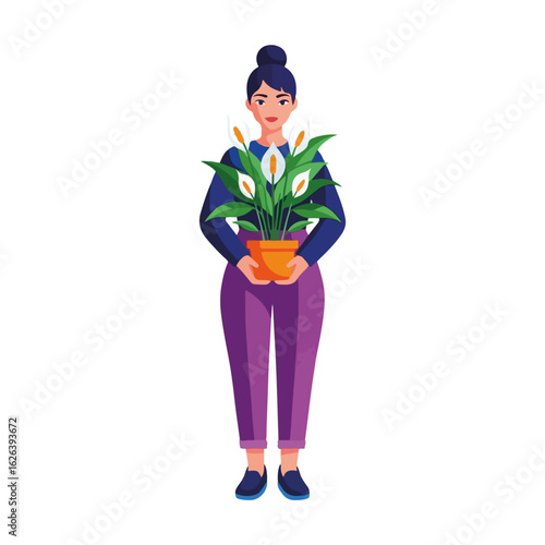 Young woman holding potted plant with peace lily. Smiling female holding peace lily in pot, symbolizing tranquility and care. Peace lily brings serenity,