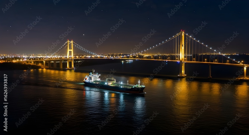 Obraz premium Nighttime Strait with Lit Bridge and Passing Tanker Ship
