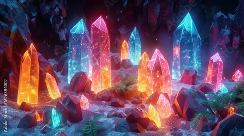 Vibrant Crystal Landscape with Colorful Glowing Illumination