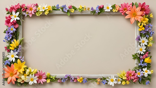 Top view photo with gypsophila flowers and wooden frame on gray background,