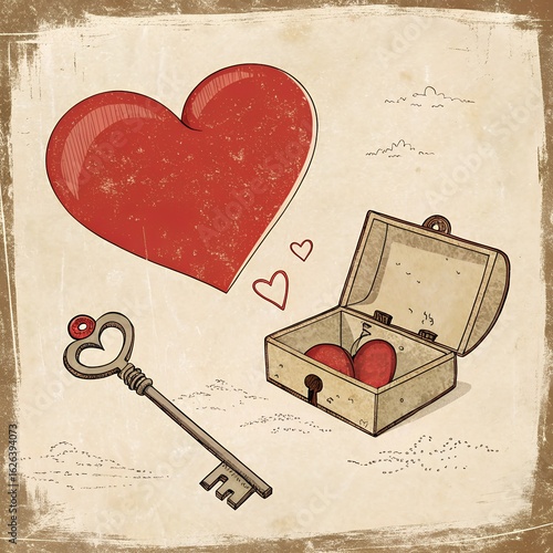 A vintage illustration of a romantic Valentine's Day greeting card with hearts and roses
