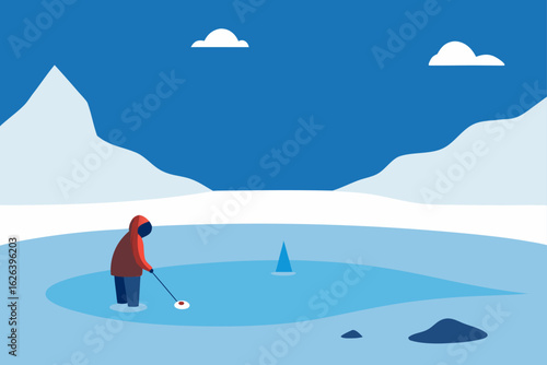 frozen lake with lone fisherman and gear