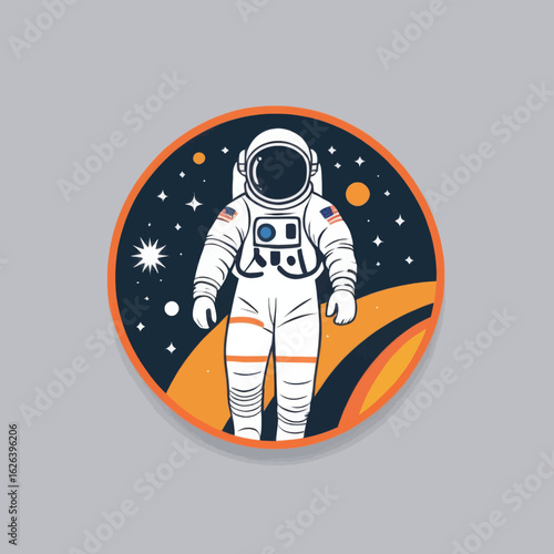 Stylized Astronaut Illustration with American Flags on Shoulders in Space Circle