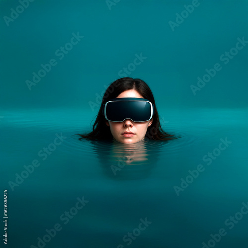 Young woman with VR headset immersed up to her neck in calm turquoise water, fully absorbed in a virtual experience.