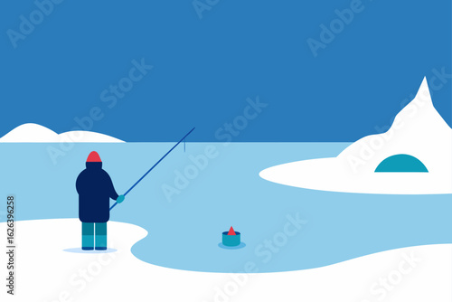 frozen lake with lone fisherman and fishing gear