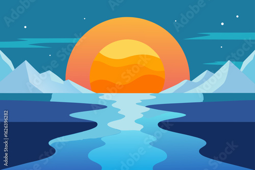 glowing sunrise reflecting on icy river