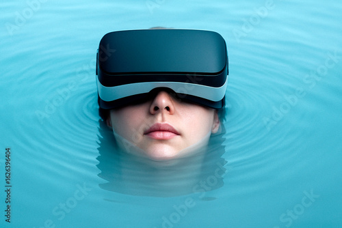 A woman wearing a VR headset floats still in turquoise water, her face centered and peaceful, eyes closed beneath device.