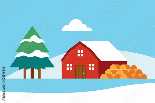log pile covered in fresh snow by quiet barn