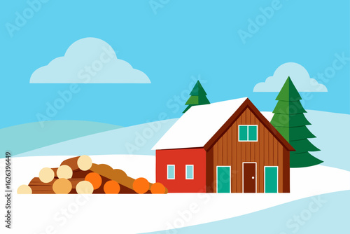 log pile covered in snow by quiet barn