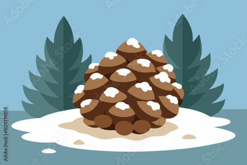 snow dusted pine cones in forest floor close up