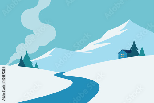 snowy valley with distant cottage smoke trail