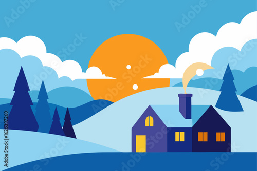 sunrise over snowy village rooftops with morning smoke trail