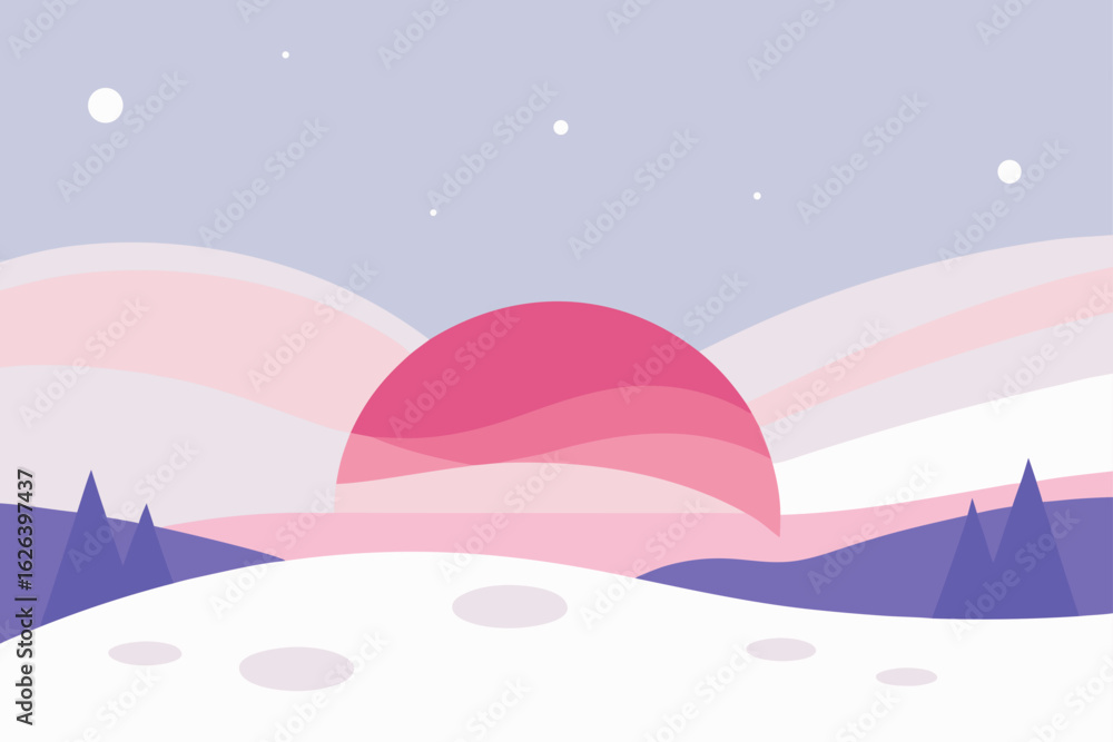 Naklejka premium winter sunrise casting soft pink hues over white field