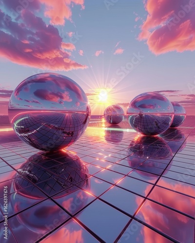 Futuristic Landscape with Reflective Spheres at Sunset