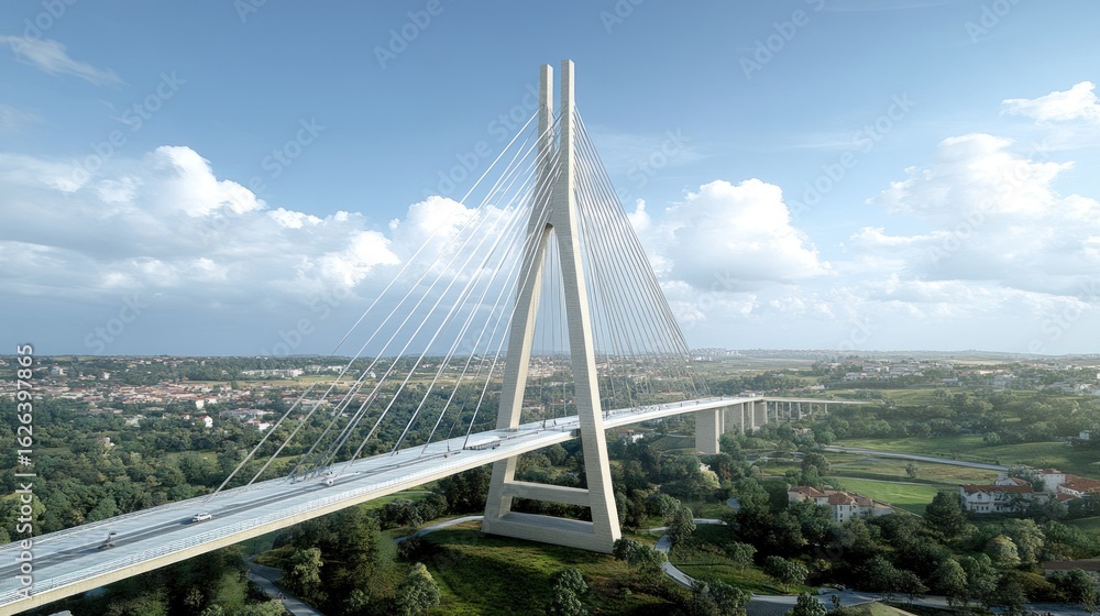 Fototapeta premium Modern Cable-Stayed Bridge Spanning Lush Landscape, Aerial Perspective