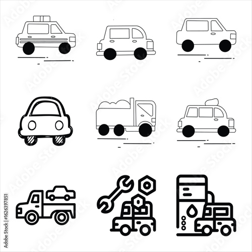 Line Art Icon Set Of Cars Trucks And Service Transportation Vehicles