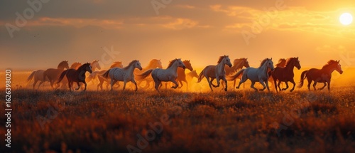 Majestic Horses Galloping Across Golden Meadow at Sunset