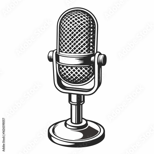 Retro vintage microphone on a stand in a classic black and white illustration style