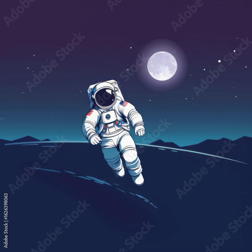 Astronaut Floating Above Lunar Landscape Under Full Moon