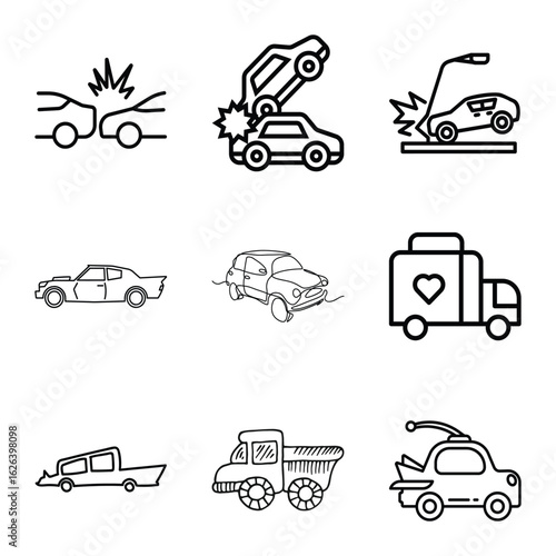Car Icons In A Doodle Style Showcasing Vehicles And Accidents In Line Art