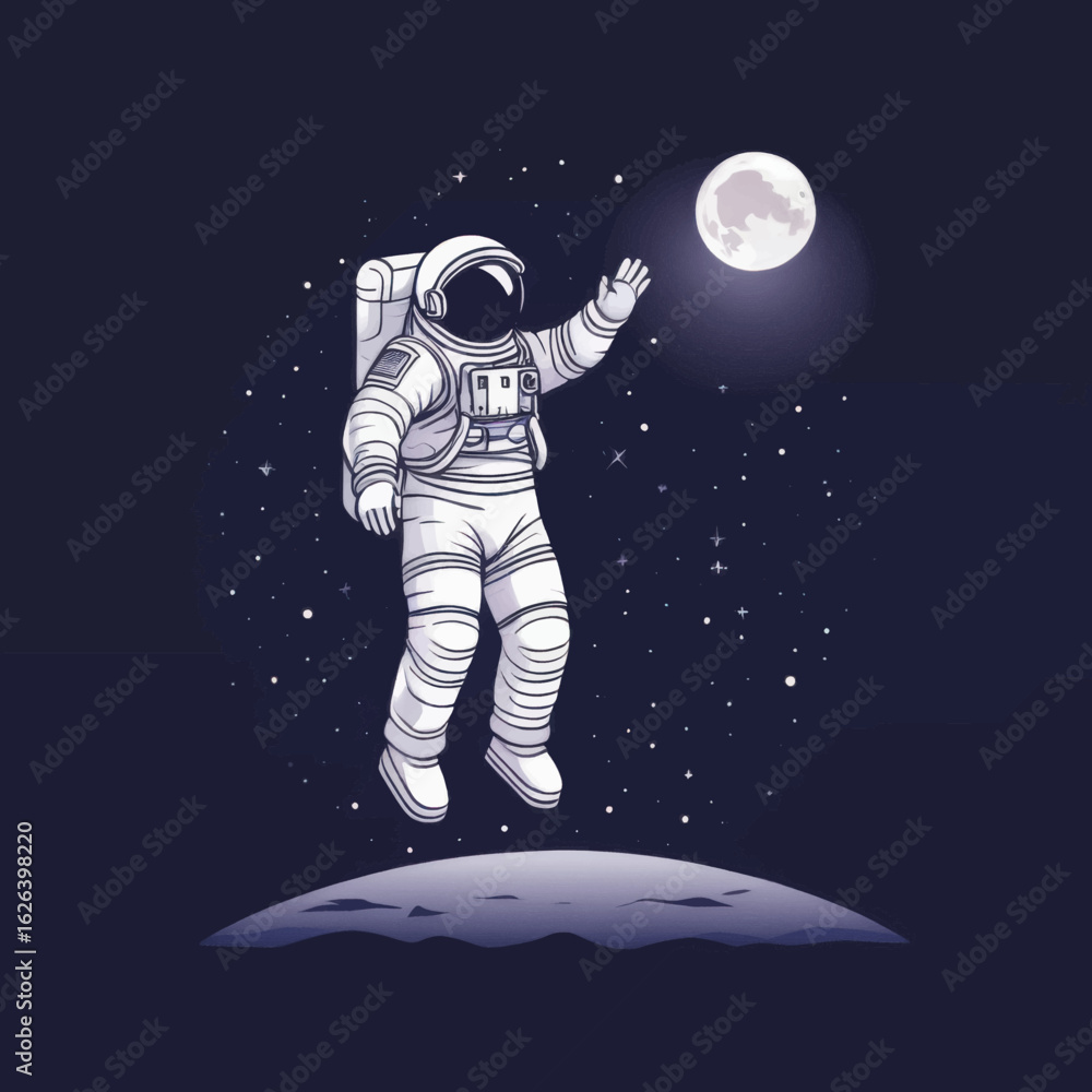Fototapeta premium Astronaut Saluting Moon in Starry Night Space