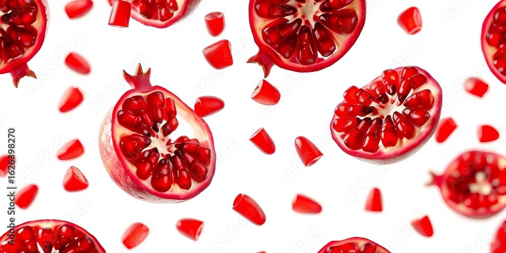 Fototapeta premium Juicy pomegranate halves, seeds suspended in air, bright red against pure white background, juicy, food photography