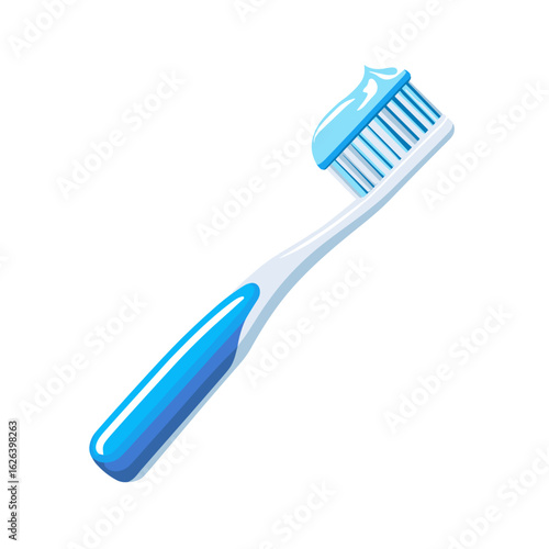 Clean toothbrush with blue handle and toothpaste ready for use at morning routine