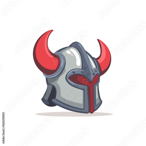 Intricately designed helmet with prominent red horns on a white background showcasing medieval-inspired armor style