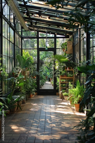 Lush Greenhouse Interior with Abundant Plants and Natural Light