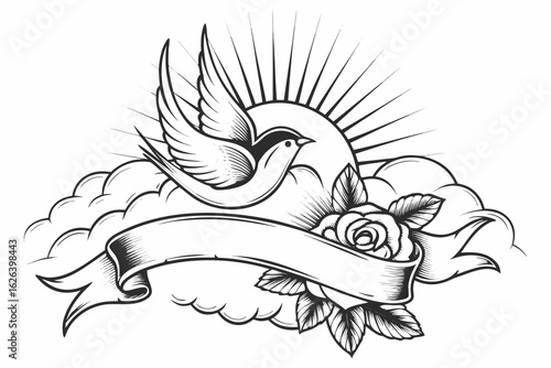 Dove flying through clouds with sunburst rose and banner in traditional tattoo style