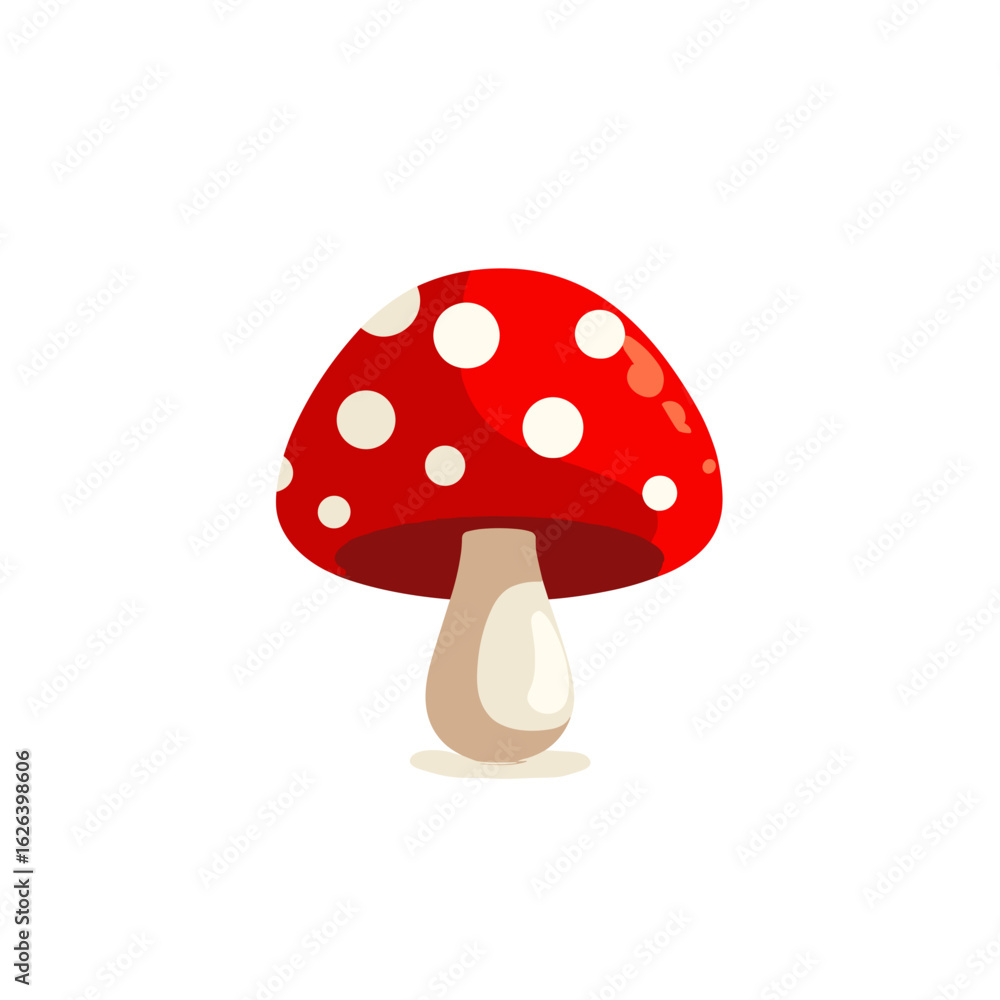 Bright red mushroom with white spots stands out against a plain background in a playful illustration style Bright red mushroom with white spots stands out against a plain background in a playful illustration style