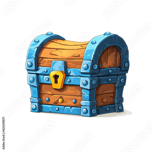 Colorful treasure chest with wooden and metal features stands out against a simple background