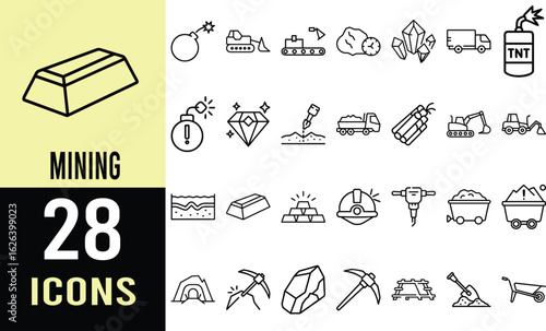 Mining Industry Icons: Excavators, Pickaxes, Gold, and Gemstones Line Art Graphics