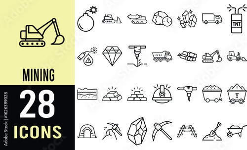 Mining, Excavation, and Gemstone Extraction: A Collection of Line Icons