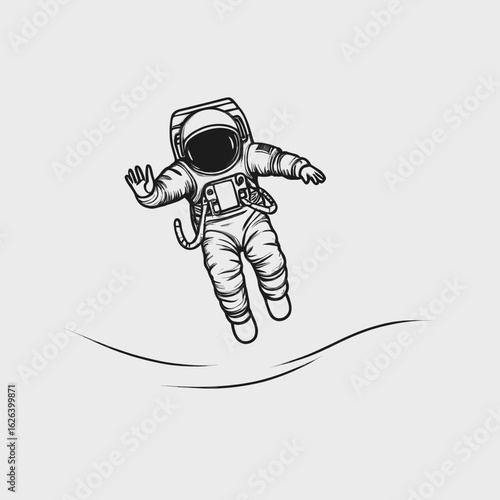 Floating astronaut with waving hand in vintage style illustration