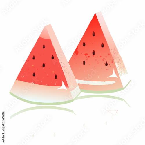 Two refreshing triangular slices of juicy red watermelon with black seeds on a white background