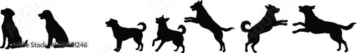 Set of Dog Silhouettes in Various Poses, Showing Different Actions like Sitting, Standing, and Jumping for a Dynamic Pet Illustration, Vector Illustration

.