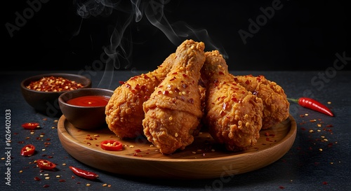 Crispy fried chicken drumsticks with a spicy kick from chili flakes, served with a red dipping sauce.