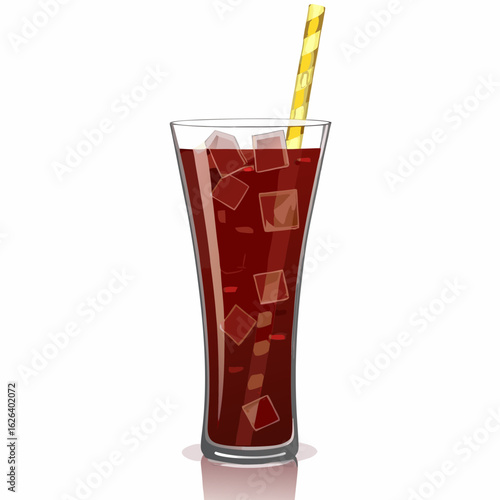 Tall glass of refreshing dark cola beverage with ice cubes and a yellow striped straw