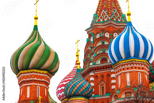 Colorful domes of Saint Basil's Cathedral isolated on white background. Cathedral of Vasily the Blessed or Cathedral of the Intercession of the Most Holy Theotokos on the Moat at Moscow, Russia