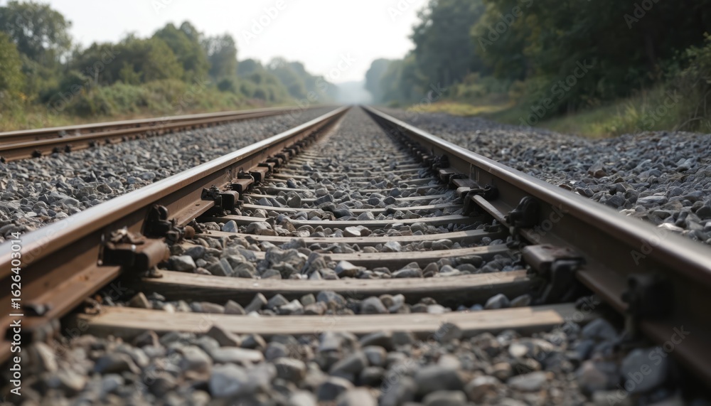Fototapeta premium Train tracks stretch into distance on industrial landscape with gray metal rails and white rocks. Hazy gray sky and lush green trees surround railway foundation and crushed stone path.
