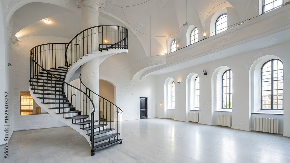 Obraz premium Elegant Spiral Staircase in a Bright, Airy Room with White Walls and Arched Windows Architecture.