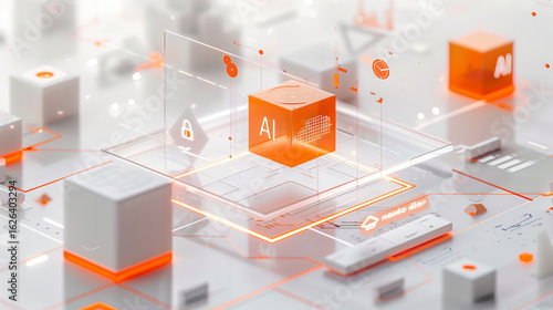 Abstract AI Technology Network with Cubes and Data Streams
